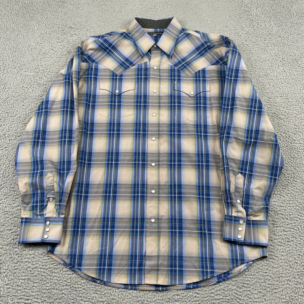 Stetson Pearl Snap Shirt Mens 2XL Blue Plaid Western Long Sleeve Cotton 16039